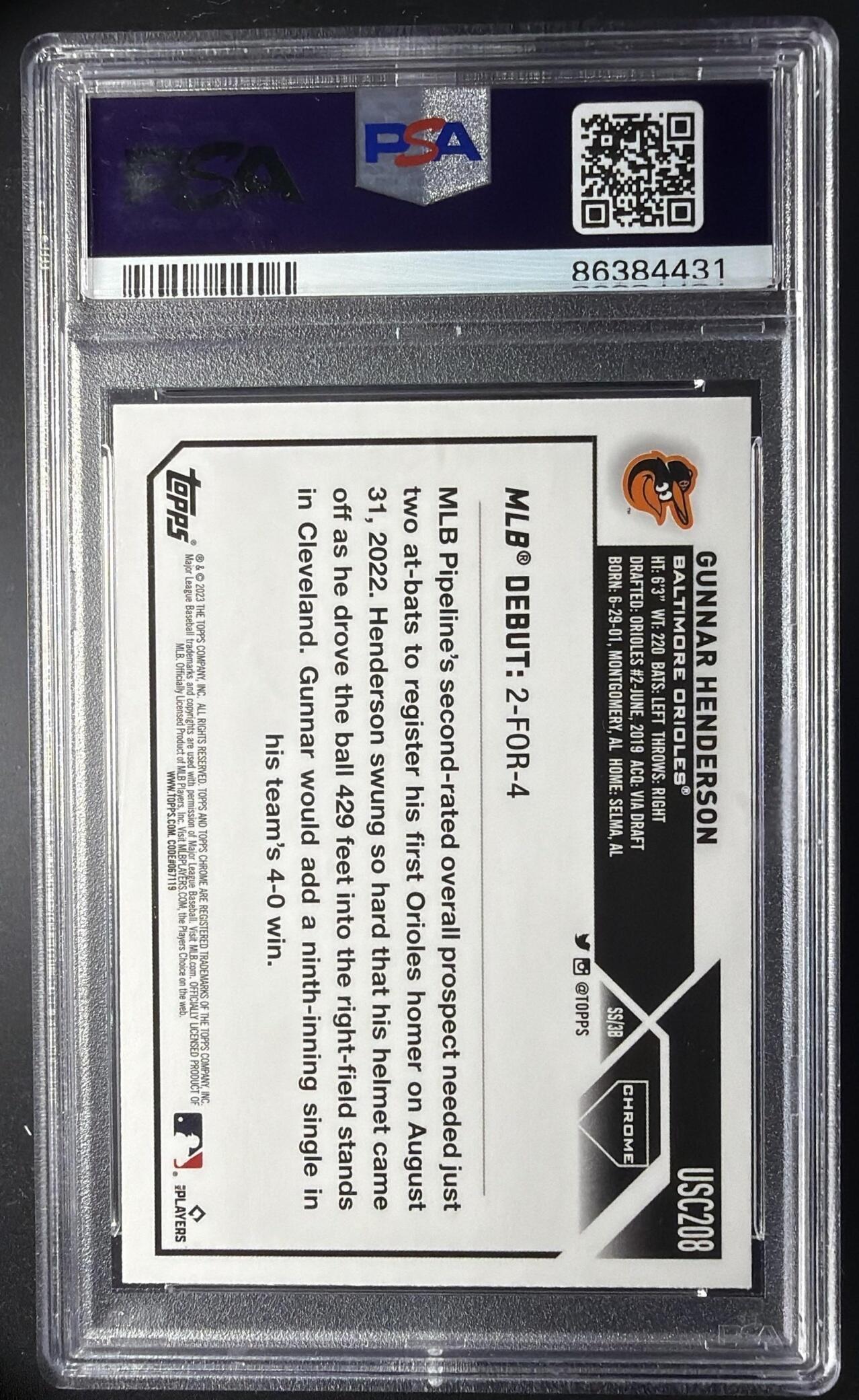 2023 Topps Chrome Update Gunnar Henderson #USC208 Refractor RC PSA 10