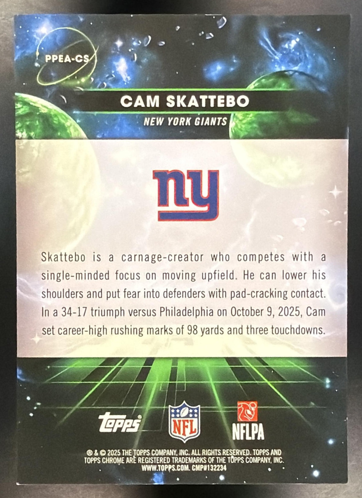 2025 Topps Cosmic Chrome Cam Skattebo #PPEA-CS Planetary Pursuit Earth SP RC