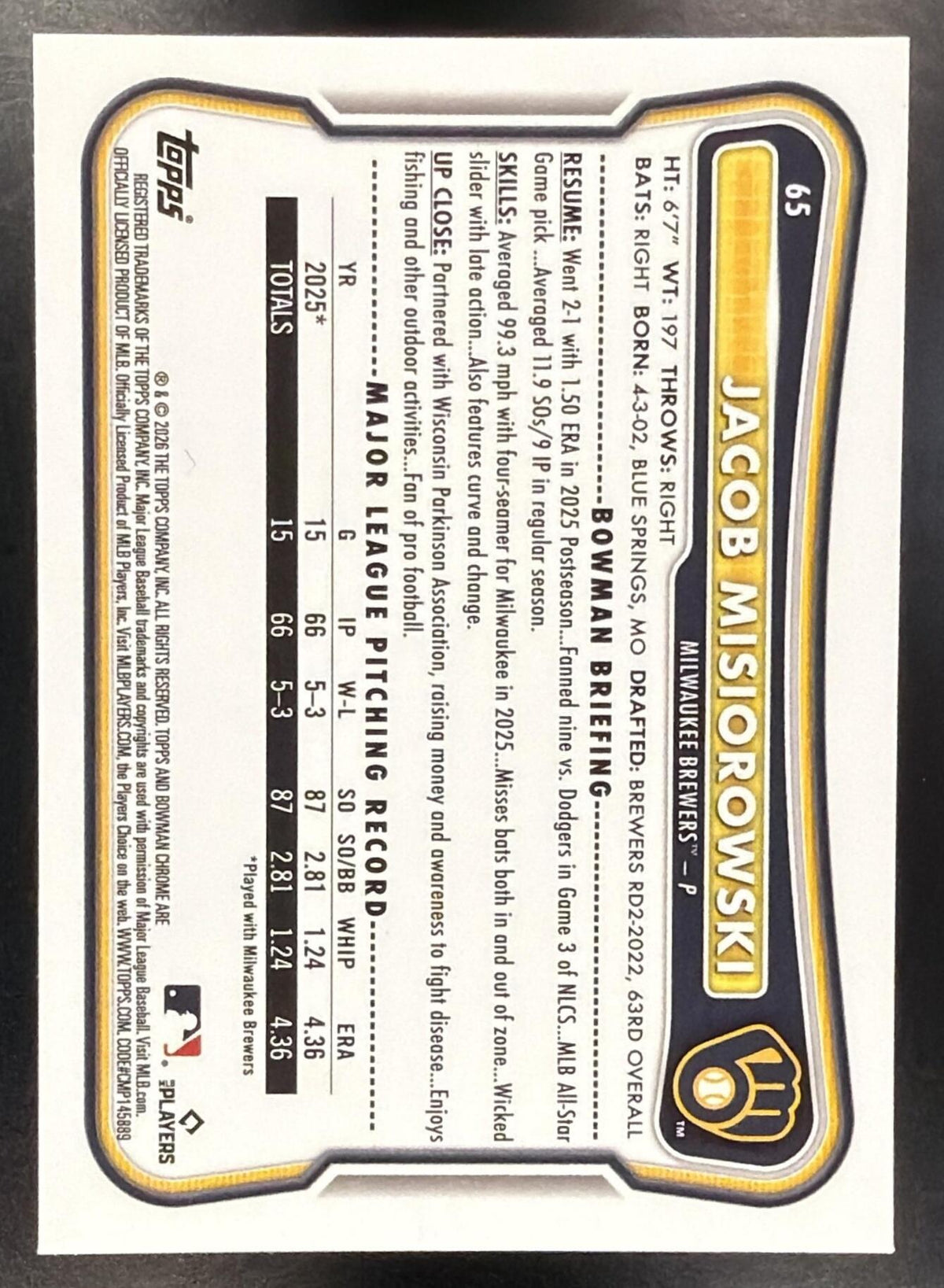 2026 Bowman Chrome Jacob Misiorowski #65 Purple Geometric Refractor 223/250 RC