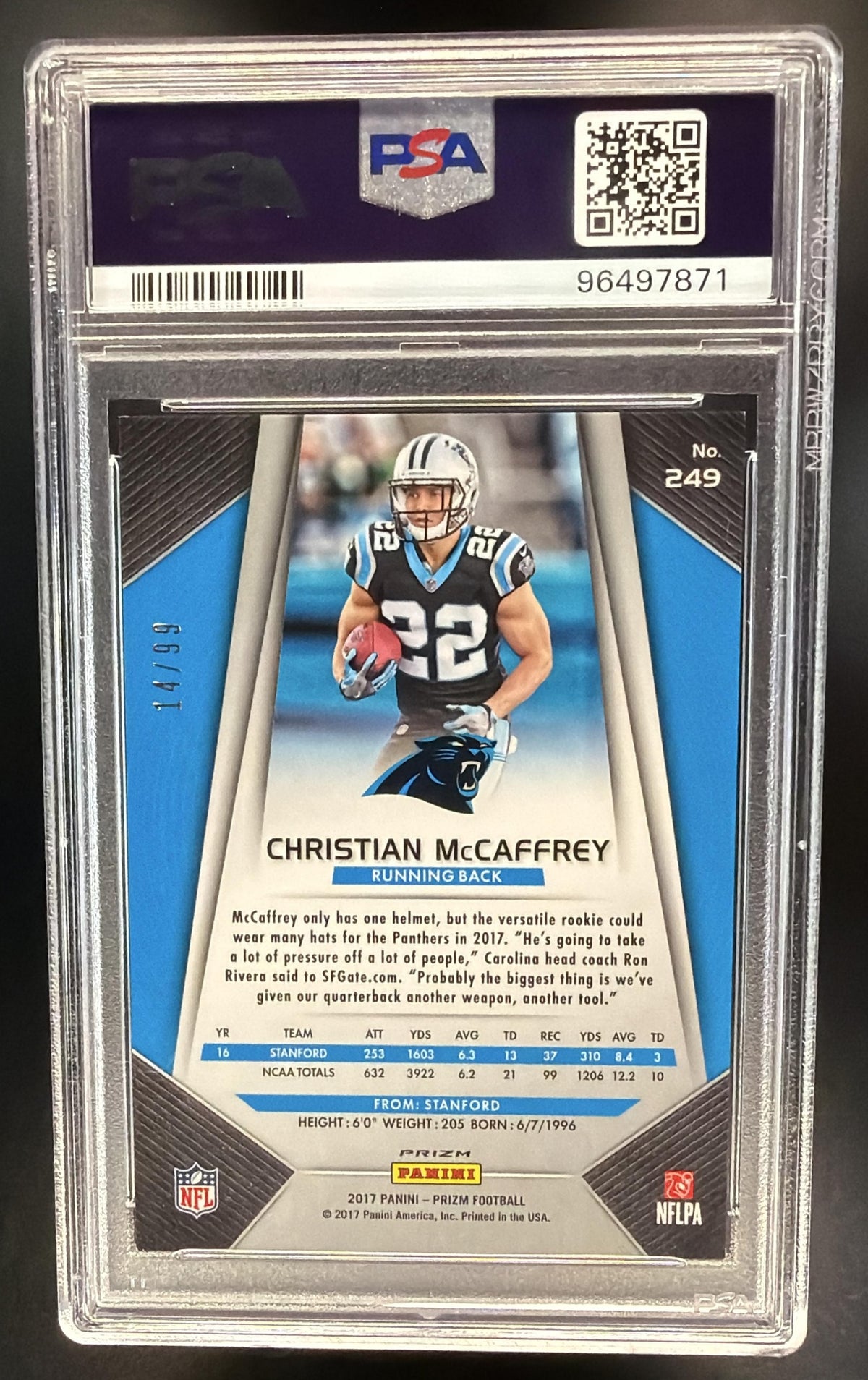 2017 Panini Prizm Christian McCaffrey #249 Green Scope 14/99 RC PSA 9