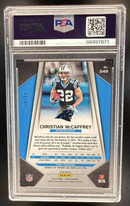 2017 Panini Prizm Christian McCaffrey #249 Green Scope 14/99 RC PSA 9