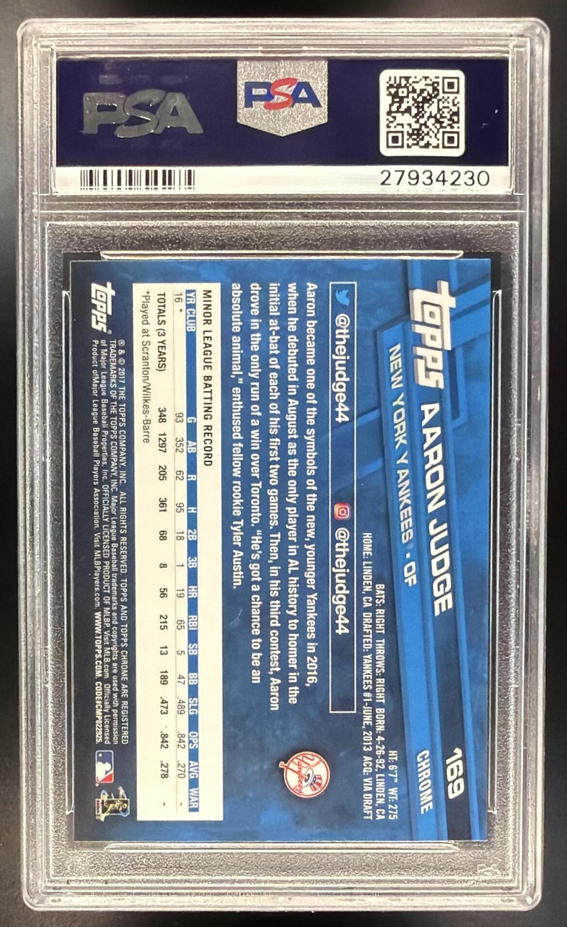 2017 Topps Chrome Aaron Judge Catching #169 Rookie Card PSA 10