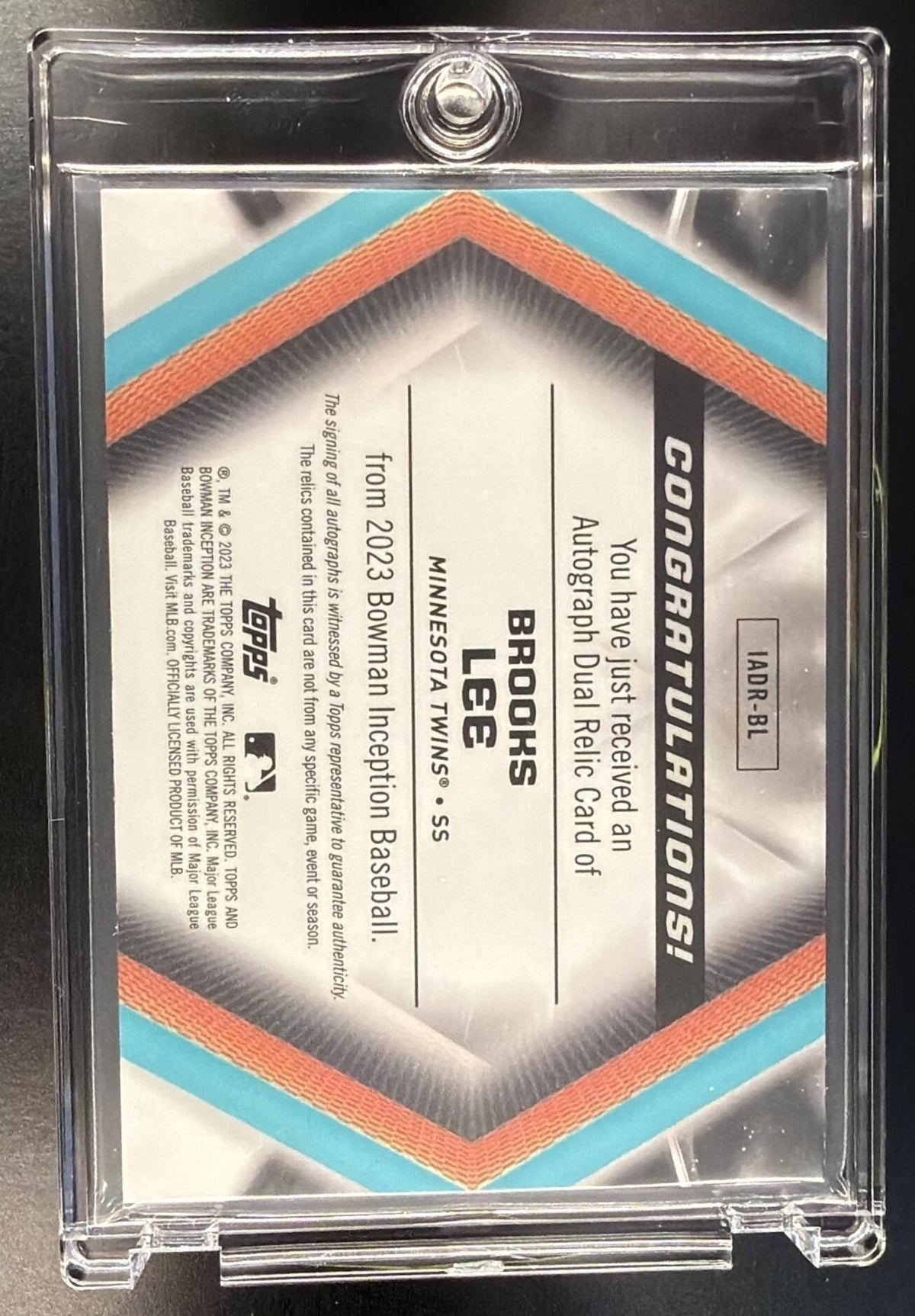 2023 Bowman Inception Brooks Lee #IADR-BL Auto Dual Relics Gold Foil 18/50