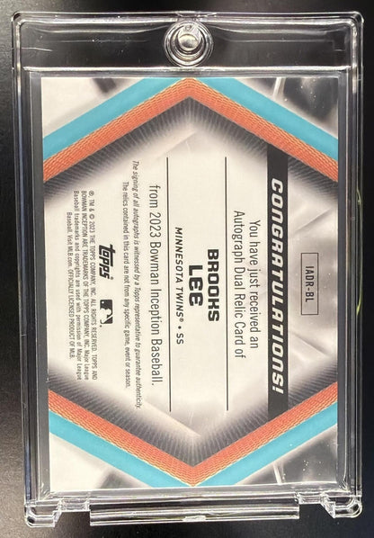 2023 Bowman Inception Brooks Lee #IADR-BL Auto Dual Relics Gold Foil 18/50