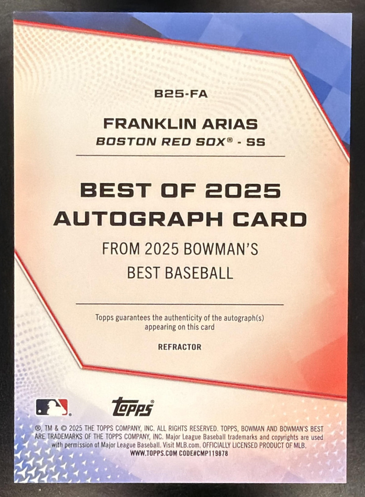 2025 Bowman Best Baseball Franklin Arias #B25-FA Refractor Auto