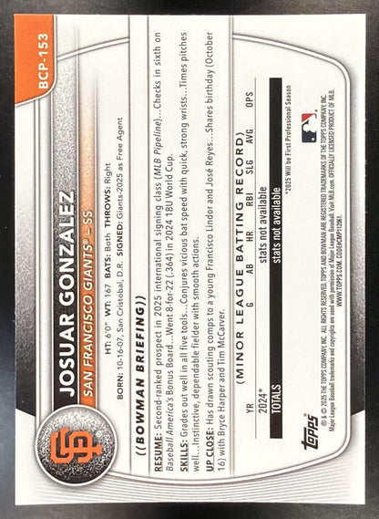 2025 Bowman Chrome Josuar Gonzalez #BCP-153 Purple Refractor 120/250 1st Prospect
