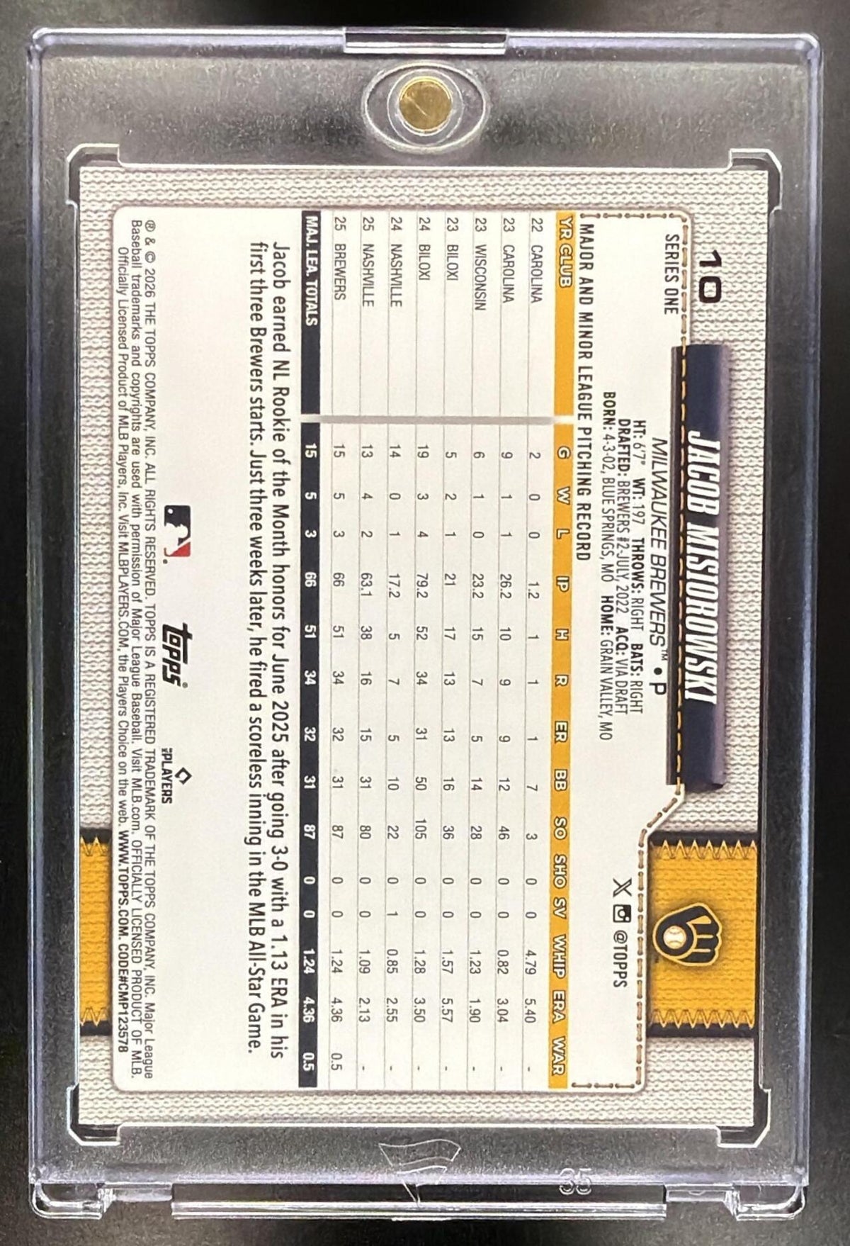 2026 Topps Series 1 Jacob Misiorowski #10 Dugout Peeks RC