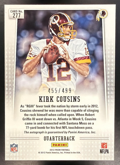 2012 Panini Prizm Kirk Cousins #277 Auto 455/499 RC