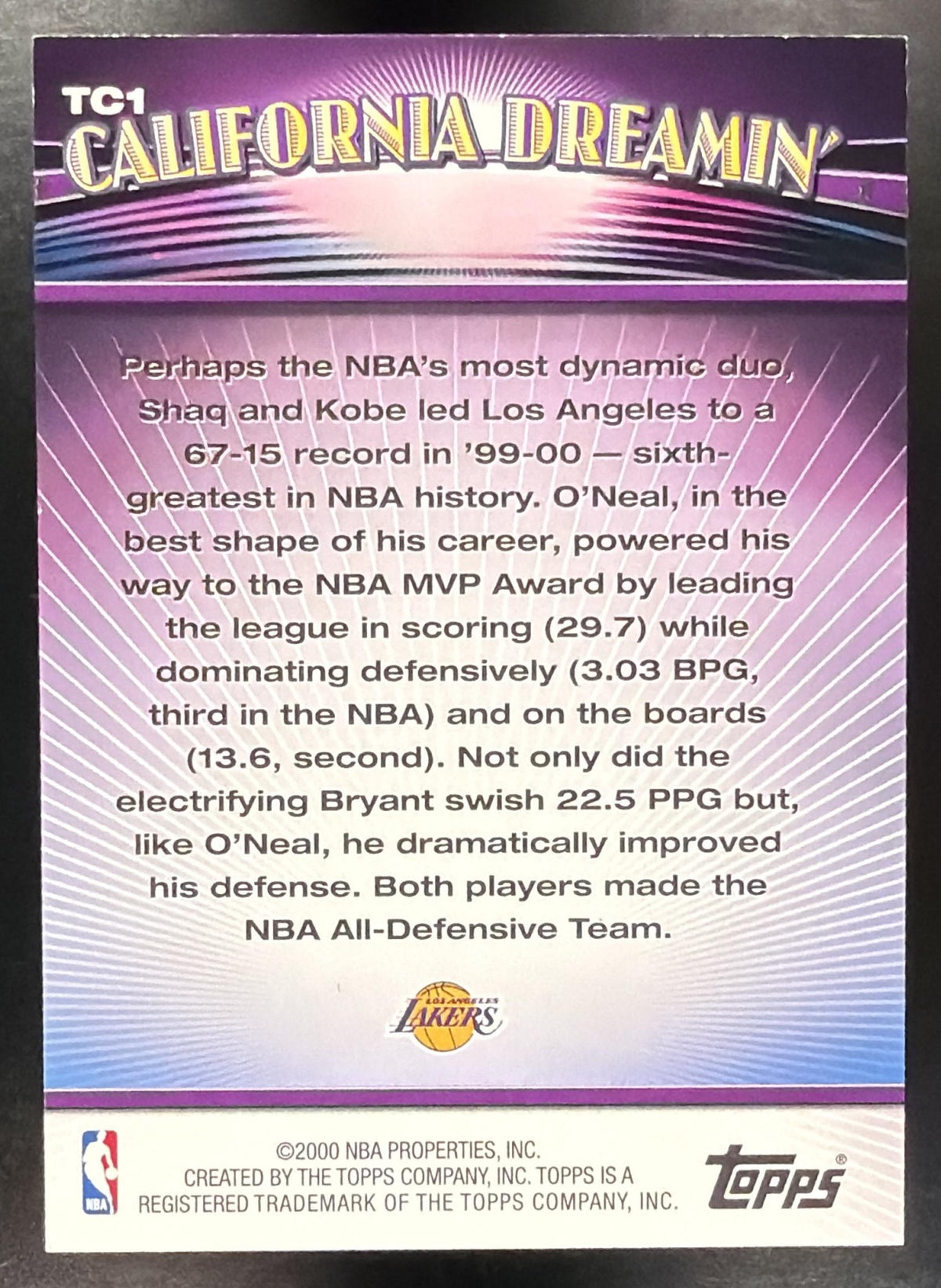 2000-01 Topps Shaquille O'Neal Kobe Bryant #TC1 Combos Series One California Dreamin