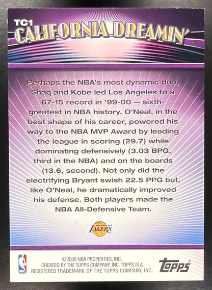 2000-01 Topps Shaquille O'Neal Kobe Bryant #TC1 Combos Series One California Dreamin