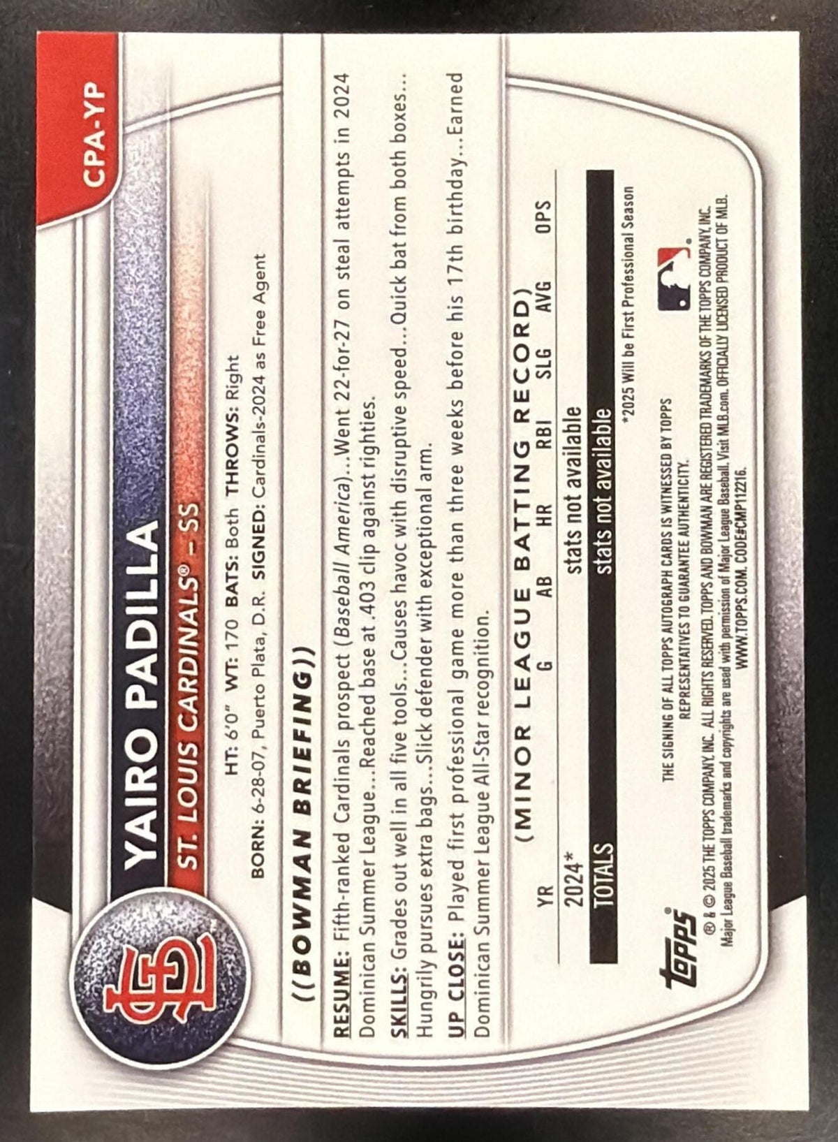2025 Bowman Baseball Yairo Padilla #CPA-YP 1st Speckle Auto 238/299