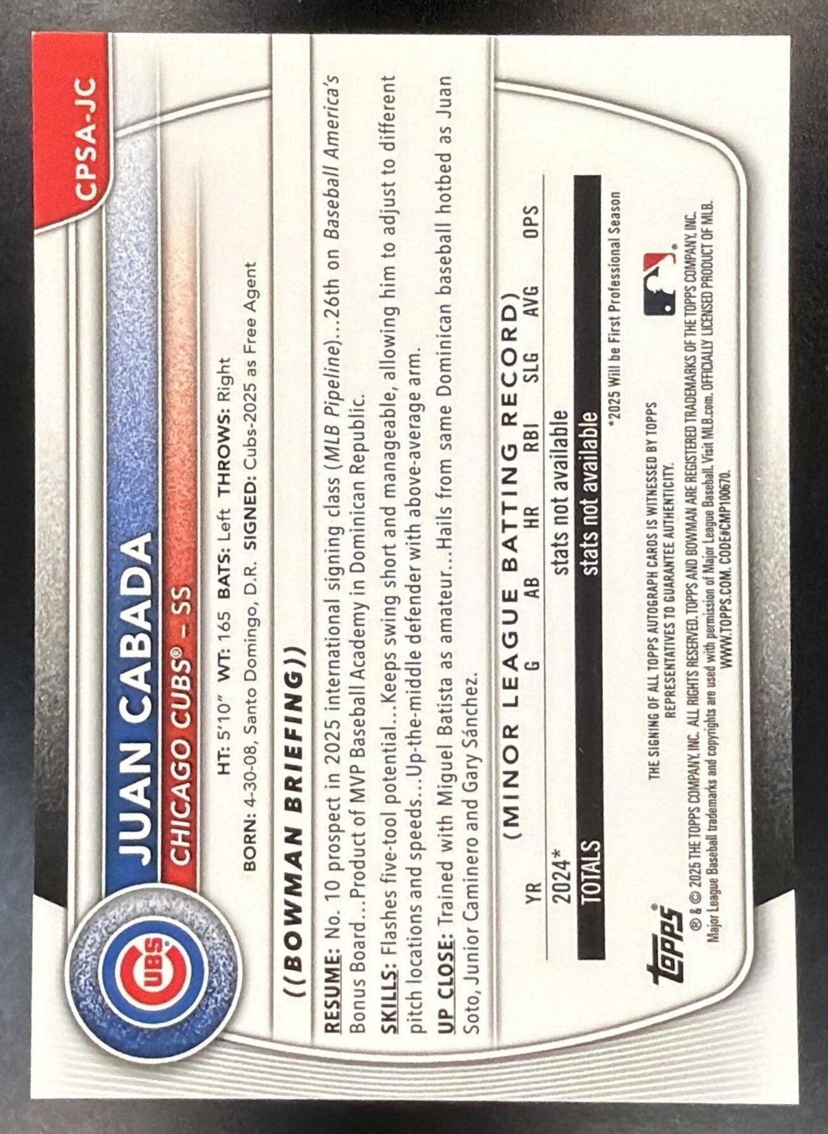 2025 Bowman Chrome Sapphire Juan Cabada #CPSA-JC Auto Green Refractor 70/99 1st