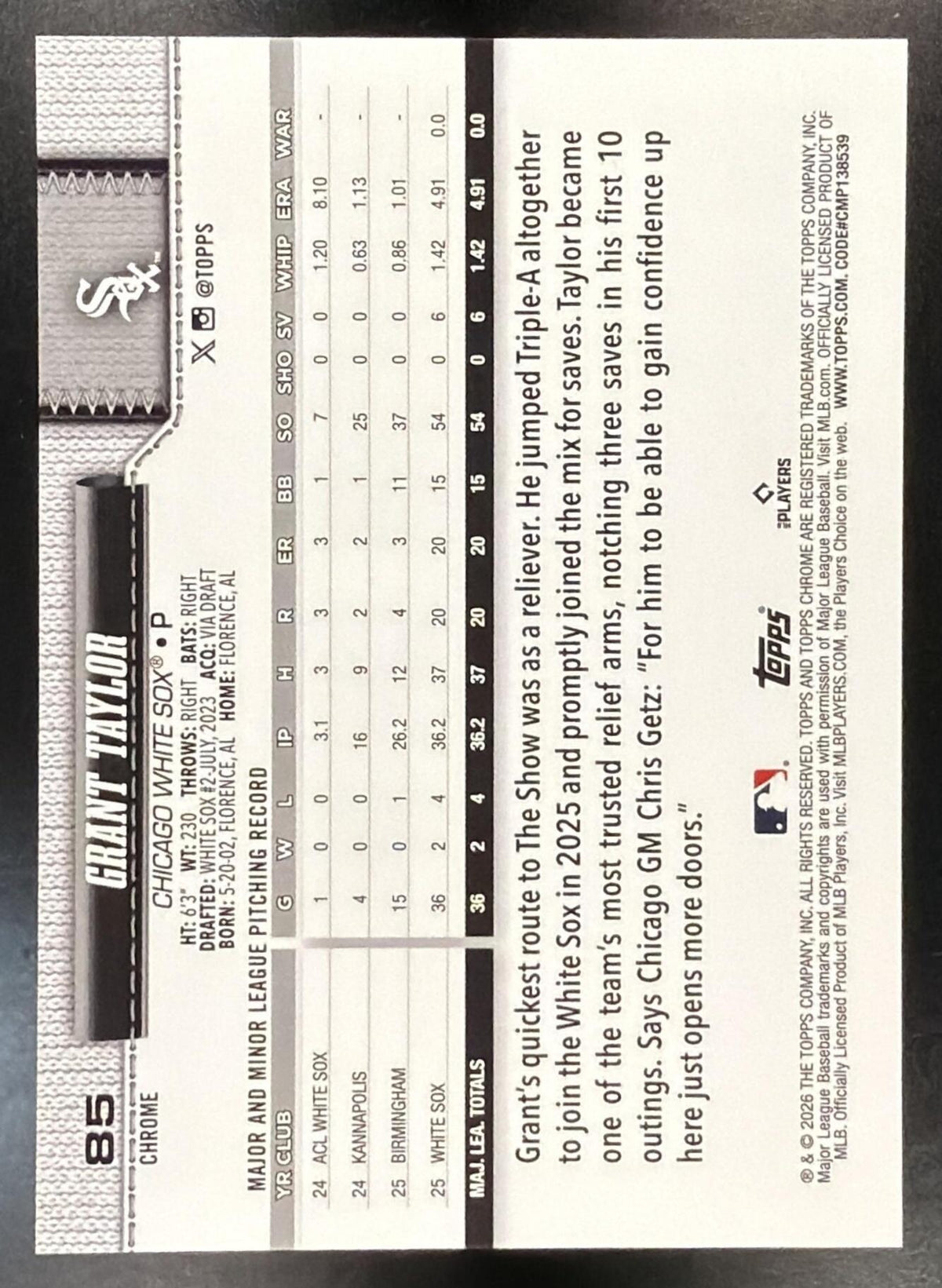 2026 Topps Chrome Sapphire Grant Taylor #85 White 24/30 RC