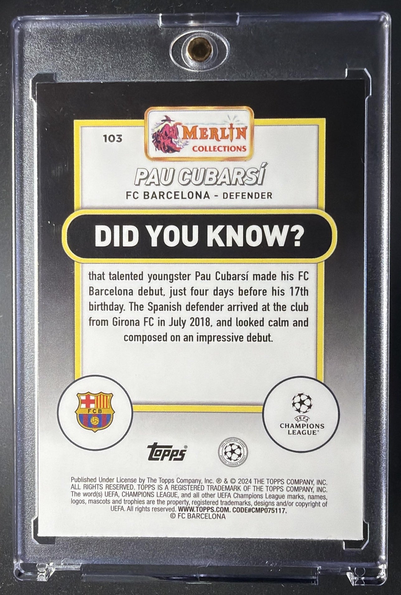 2023 Topps Chrome Merlin UEFA Club Competitions Pau Cubarsi #103 Atomic Refractor /250 RC