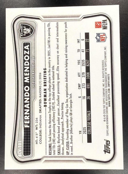 2026 Bowman Football Fernando Mendoza #BCV-101 Magenta Refractor 143/250 RC