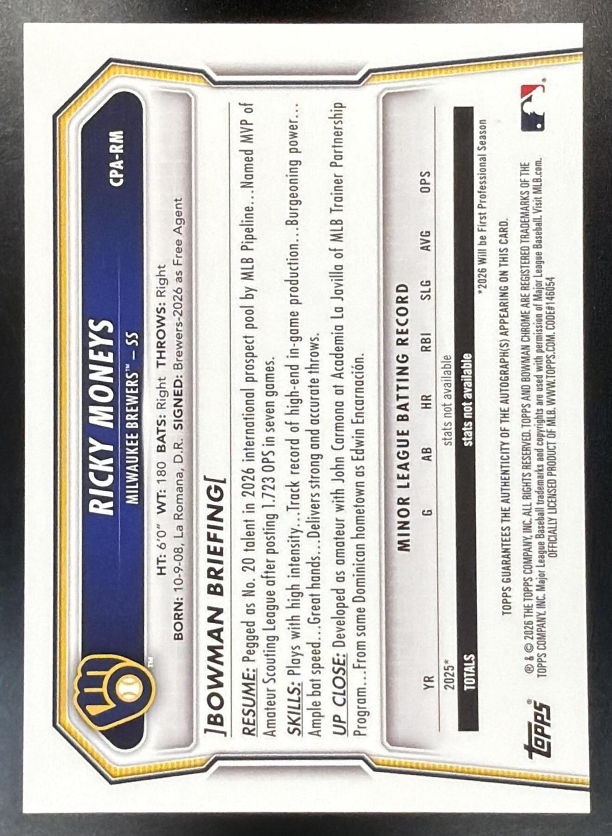 2026 Bowman Chrome Ricky Moneys #CPA-RM Auto Purple Refractor 215/250 1st