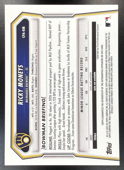 2026 Bowman Chrome Ricky Moneys #CPA-RM Auto Purple Refractor 215/250 1st