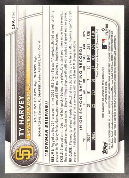 2025 Bowman Draft Ty Harvey #CPA-TH Chrome Auto Blue Wave Refractor 56/150 1st Prospect