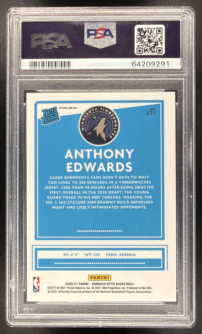2020-21 Panini Donruss Optic Anthony Edwards #151 Blue Velocity Prizm RC PSA 10