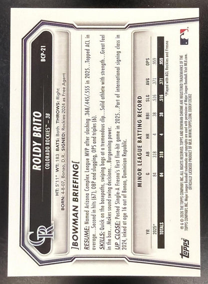2026 Bowman Baseball Roldy Brito #BCP-21 1st Orange Geometric 05/25