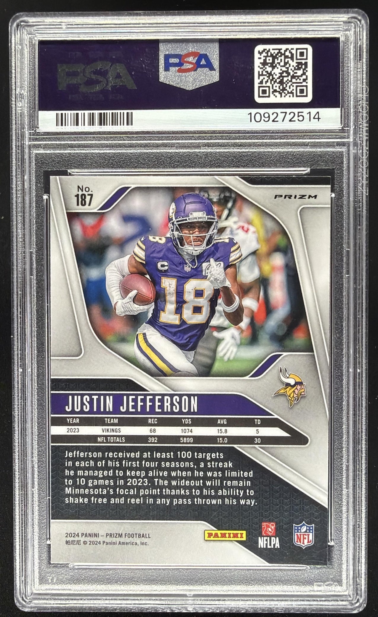 2024 Panini Prizm Justin Jefferson #187 White Sparkle SSP PSA 10
