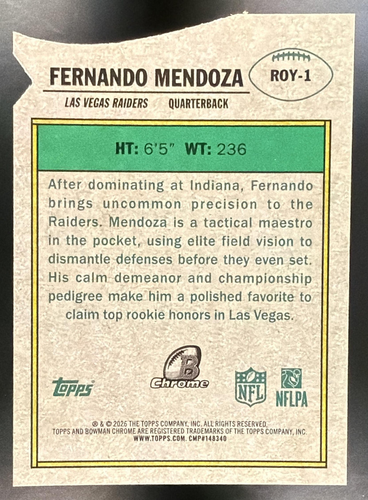 2026 Bowman Fernando Mendoza #ROY-1 Chrome ROY Favorites Geometric Refractor RC