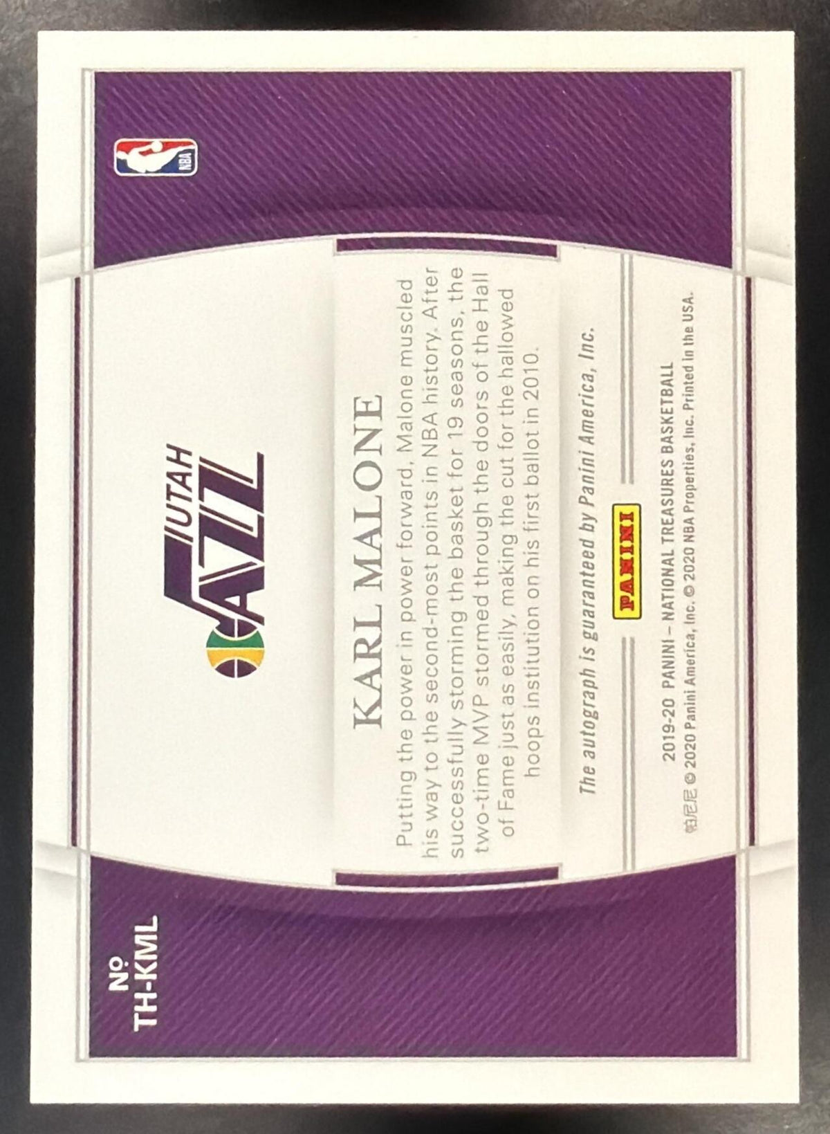2019-20 Panini National Treasures Karl Malone #TH-KML Treasures of the Hall 13/25 Auto