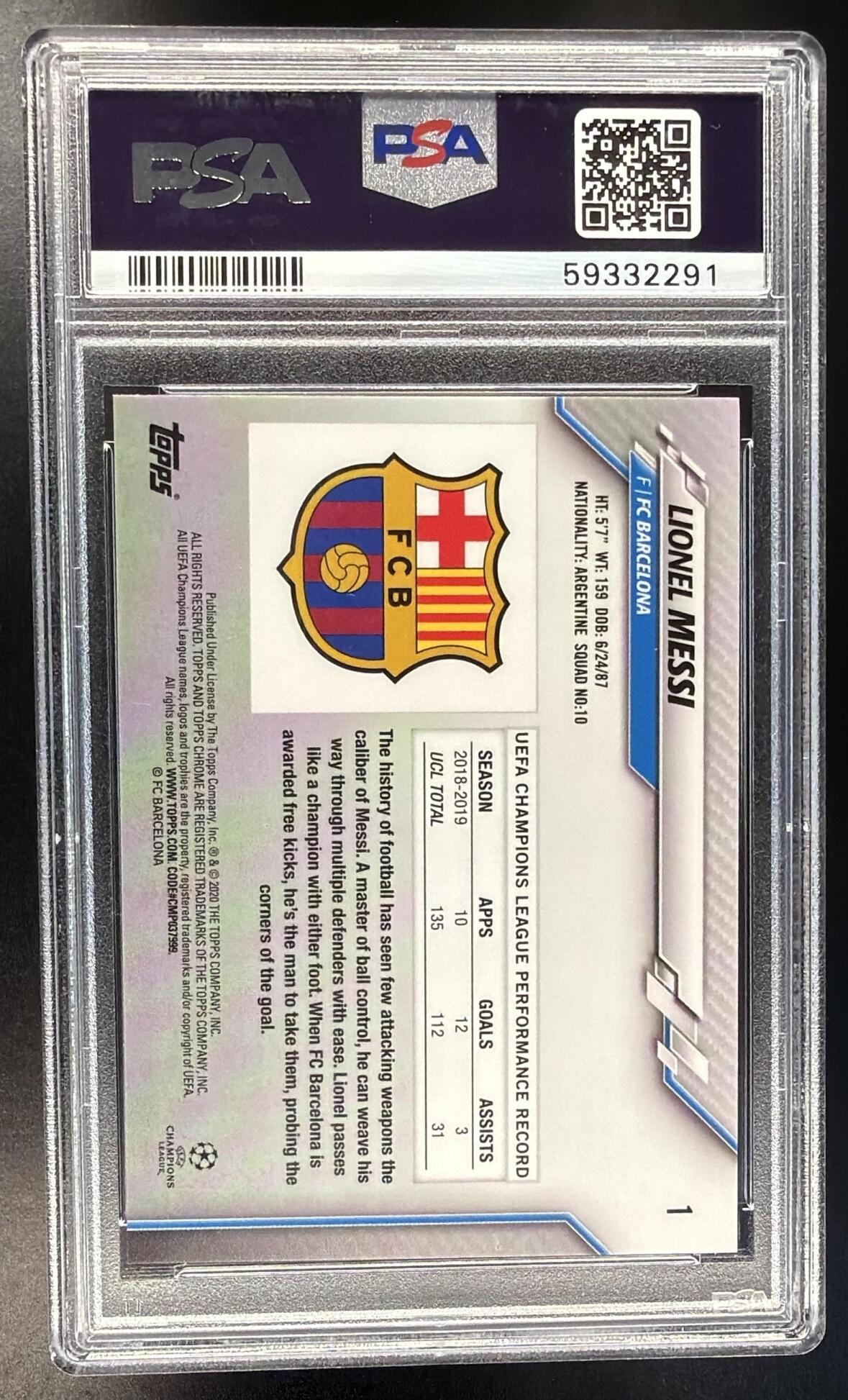 2019 Topps Chrome UEFA Champions League Lionel Messi #1 Green Bubbles Refractor PSA 10