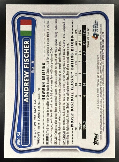2026 Bowman Chrome Andrew Fischer #WBC-54 WBC Flag Variation 110/499