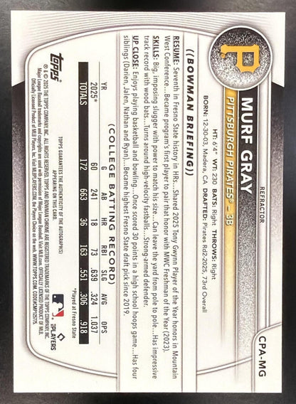2025 Bowman Draft Murf Gray #CPA-MG Chrome Auto Refractor 223/499 1st Prospect
