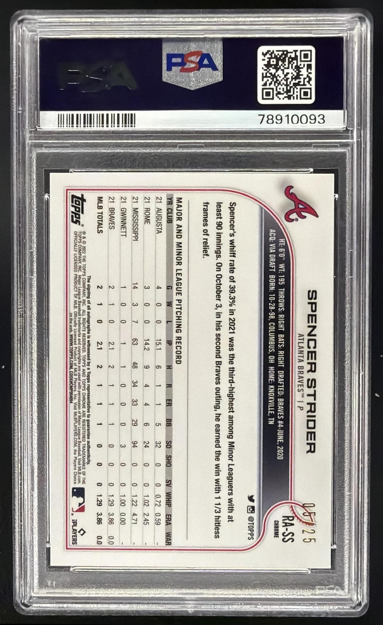 2022 Topps Chrome Spencer Strider #RA-SS Rookie Auto Orange Wave Refractor /25 RC PSA 10