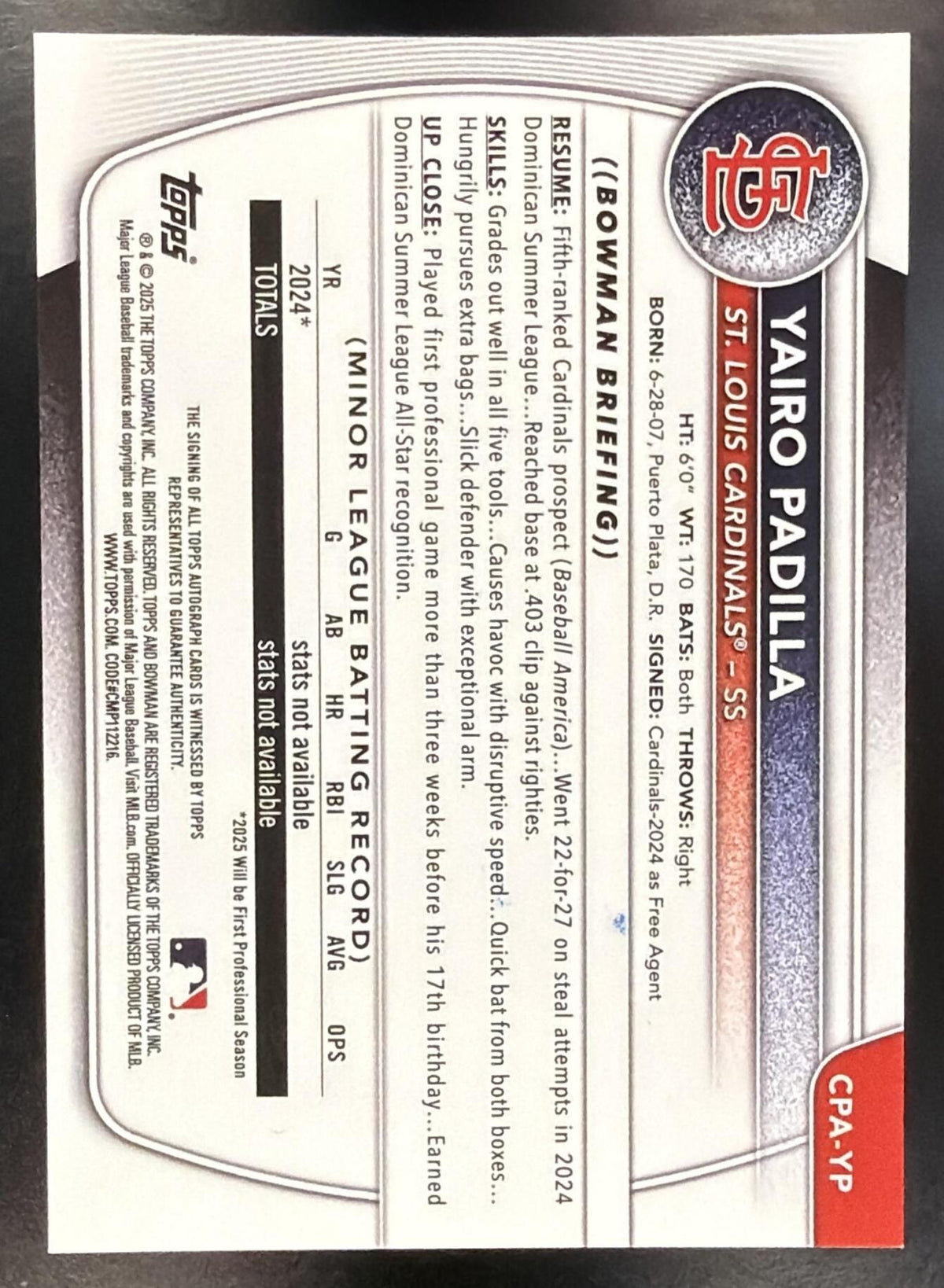 2025 Bowman Chrome Yairo Padilla #CPA-YP Auto Gold Mini Diamond Refractor /50 1st Prospect