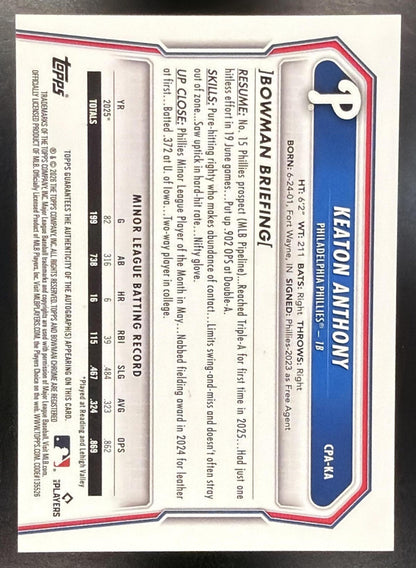 2026 Bowman Chrome Keaton Anthony #CPA-KA Prospects Auto Black & White Shimmer Refractor SSP Red ink