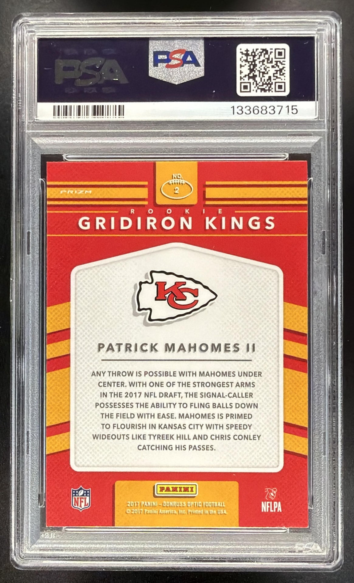 2017 Panini Donruss Optic Patrick Mahomes II #2 Rookie Gridiron Kings Holo RC PSA 9