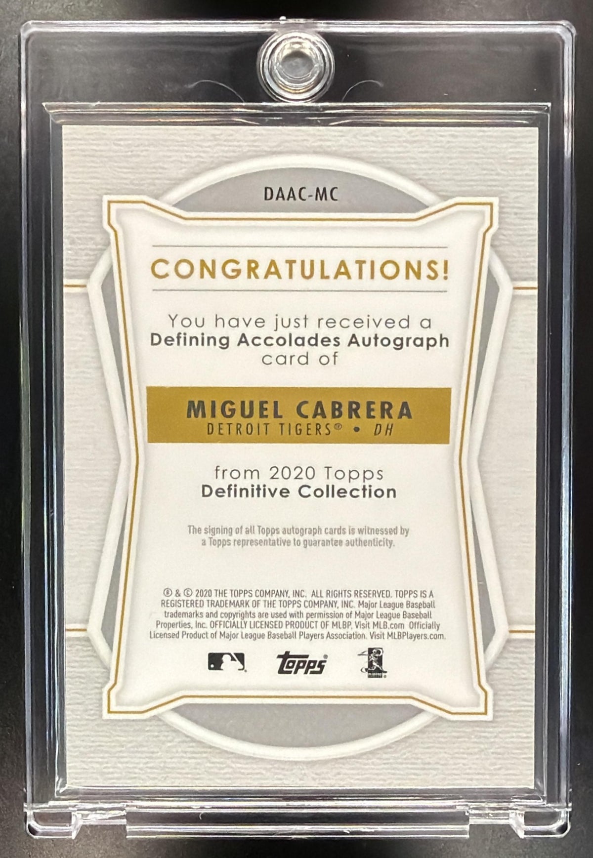 2020 Topps Definitive Collection Miguel Cabrera #DAAC-MC Defining Accolades Auto Purple /5