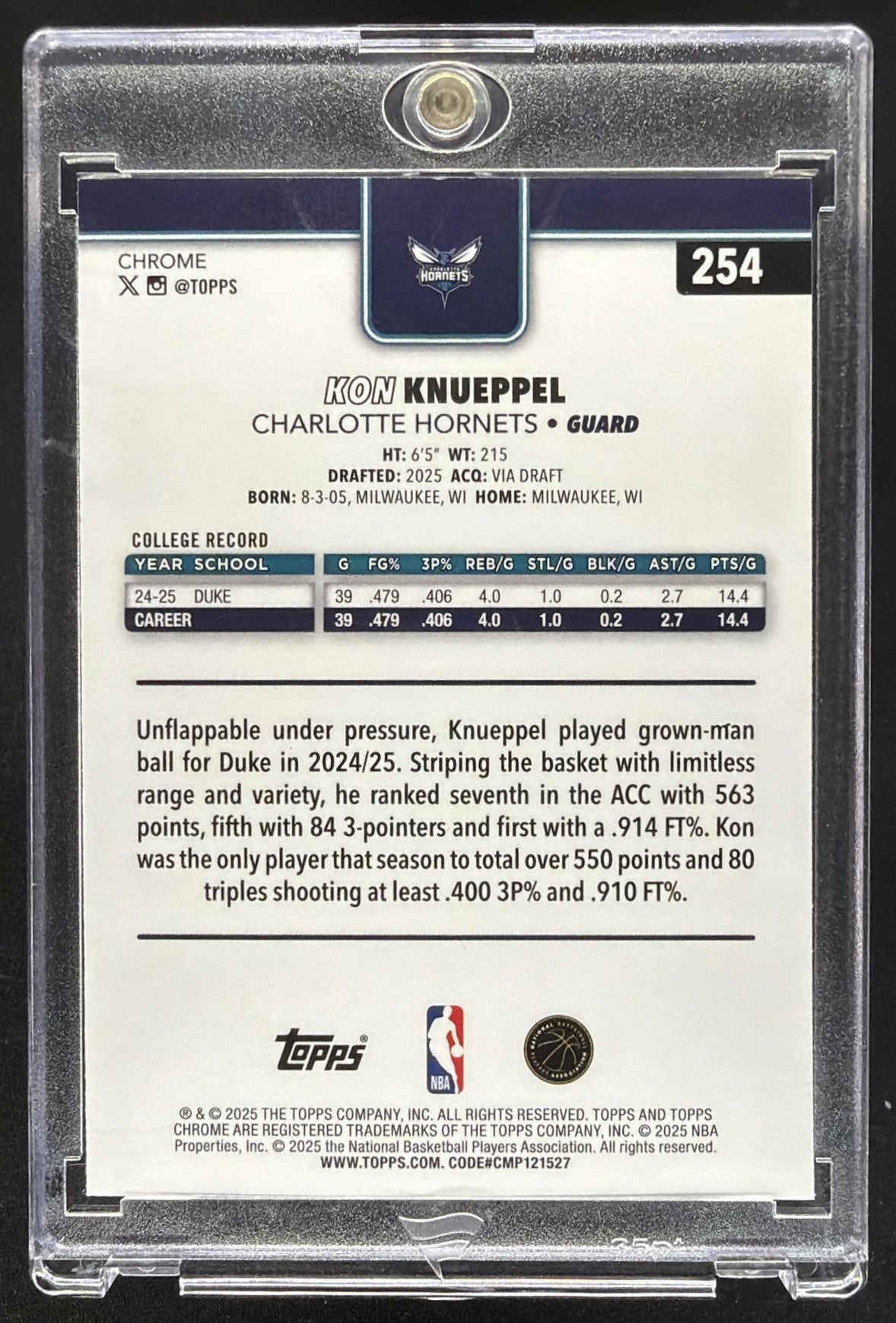 2025-26 Topps Chrome Kon Knueppel #254 Refractor RC