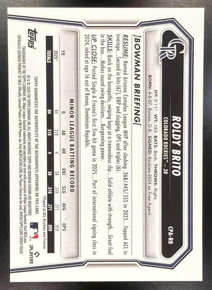 2026 Bowman Roldy Brito #CPA-RB Chrome Auto Green Lava Refractor /99 1st Prospect