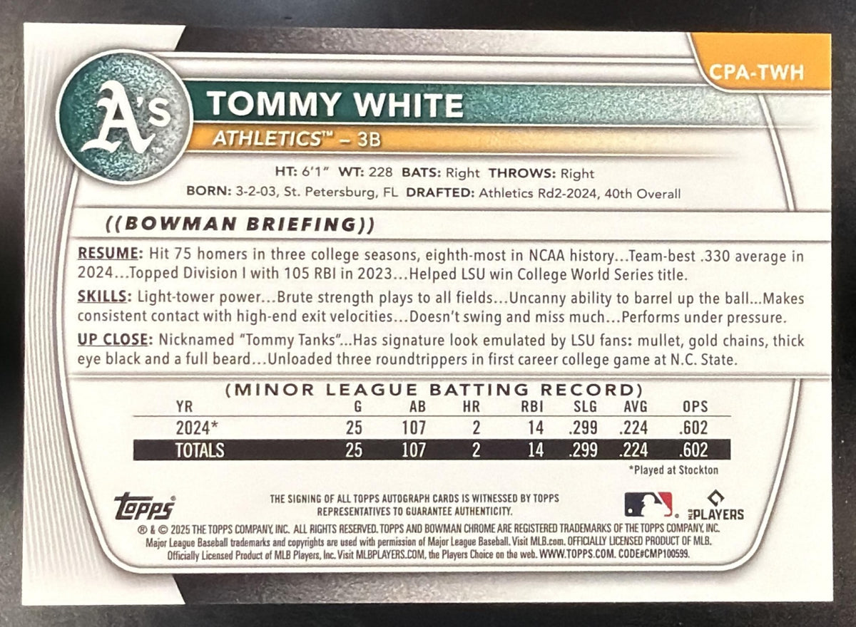 2025 Bowman Chrome Tommy White #CPA-TWH Auto Mini Diamond Refractor /100 1st Prospect