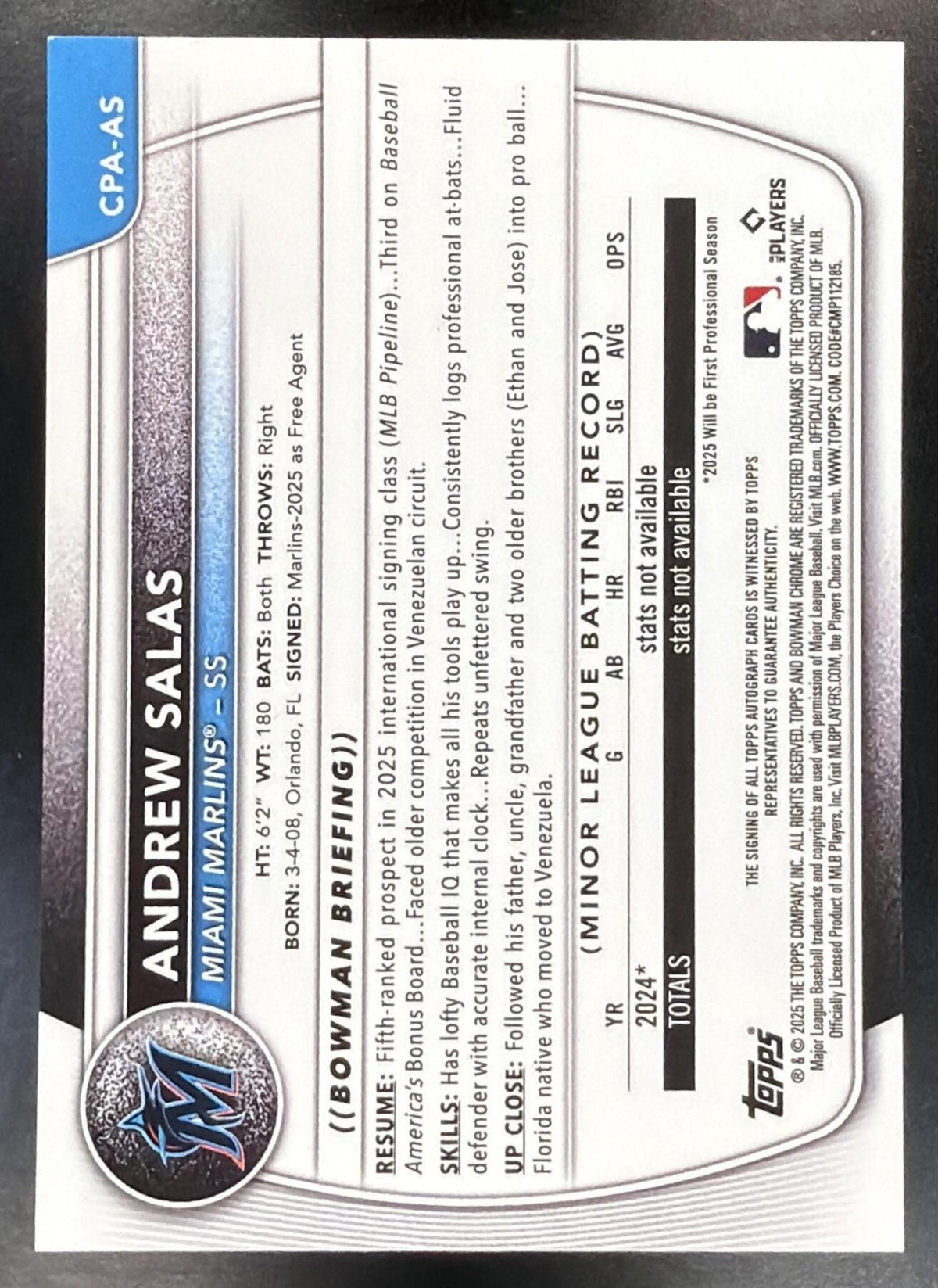 2025 Bowman Chrome Andrew Salas #CPA-AS Auto Green Refractor 14/99 1st