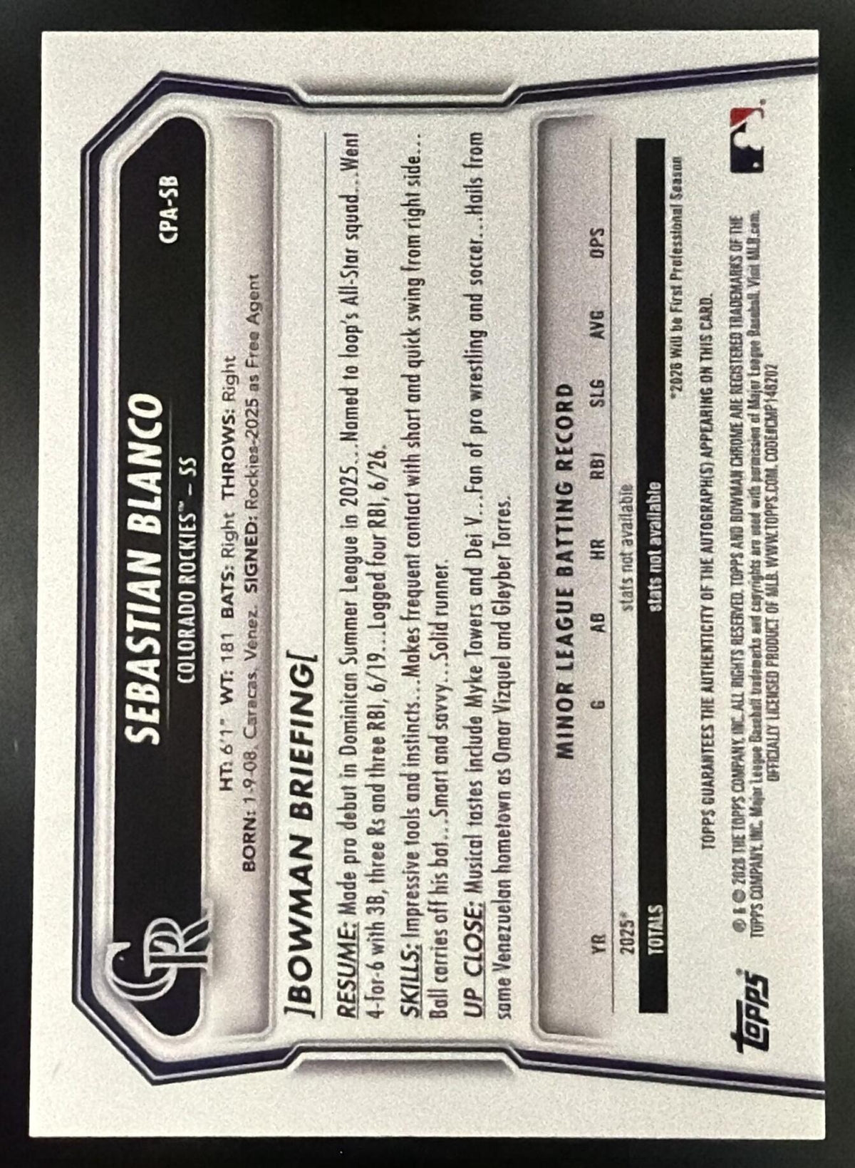 2026 Bowman Chrome Sebastian Blanco #CPA-SB Auto Packfractor Variation 72/89 1st