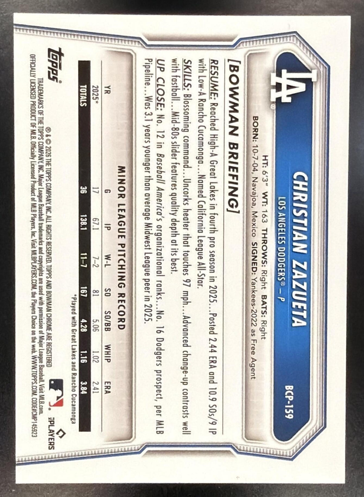 2026 Bowman Chrome Christian Zazueta #BCP-159 1st Black Wave Refractor 10/10