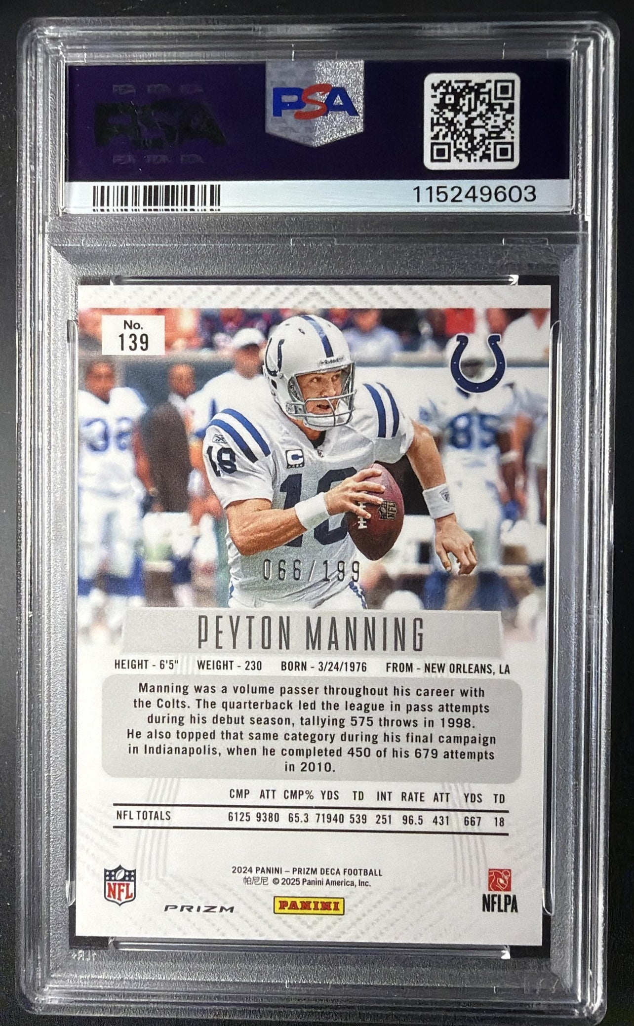 2024 Panini Prizm Deca Peyton Manning #139 Red 66/199 PSA 10