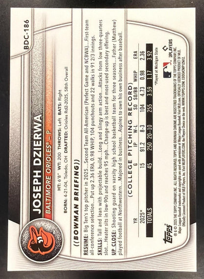 2025 Bowman Sapphire Baseball Joseph Dzierwa #BDC-186 1st Gold 20/50
