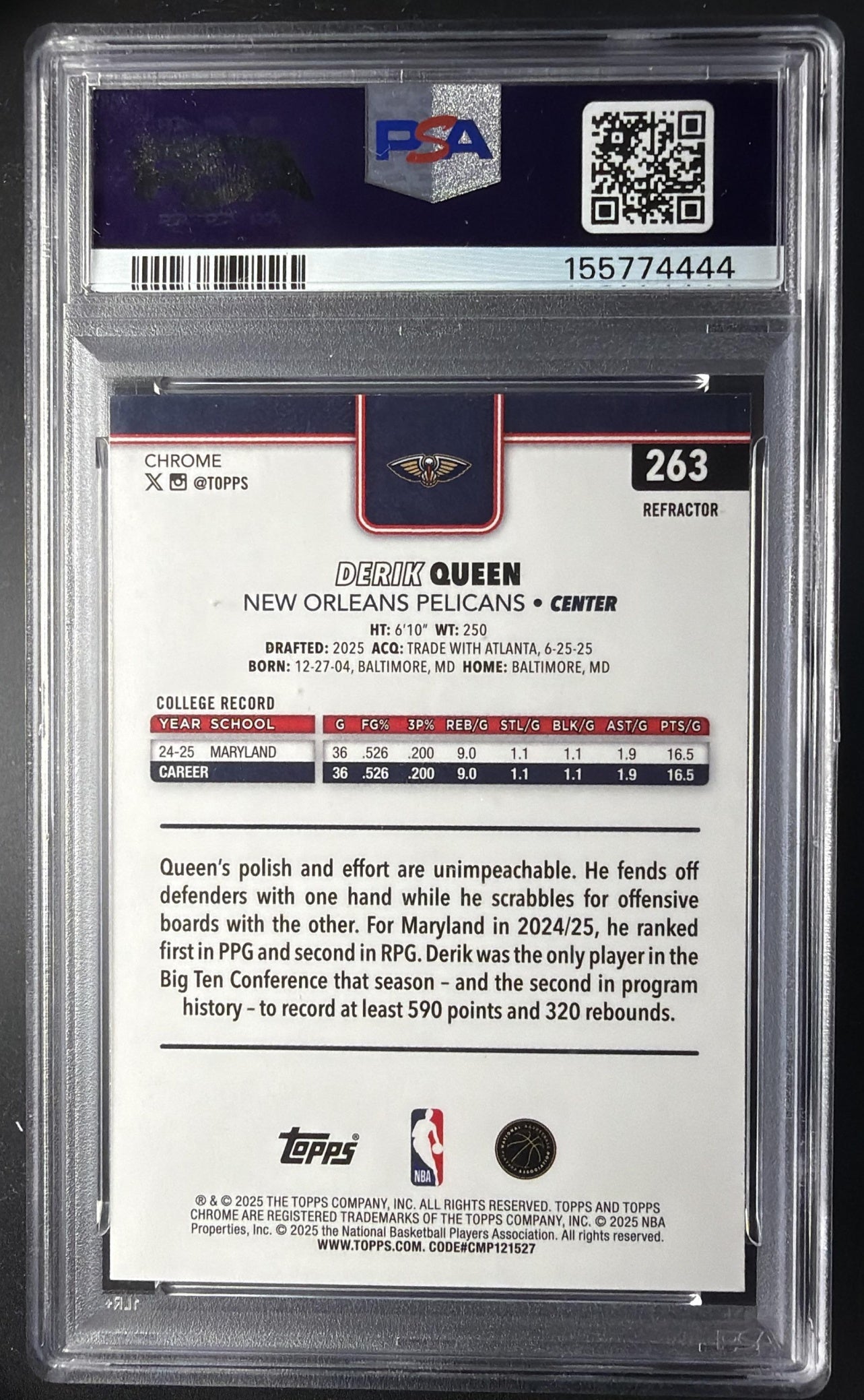 2025-26 Topps Chrome Derik Queen #263 Refractor RC PSA 10