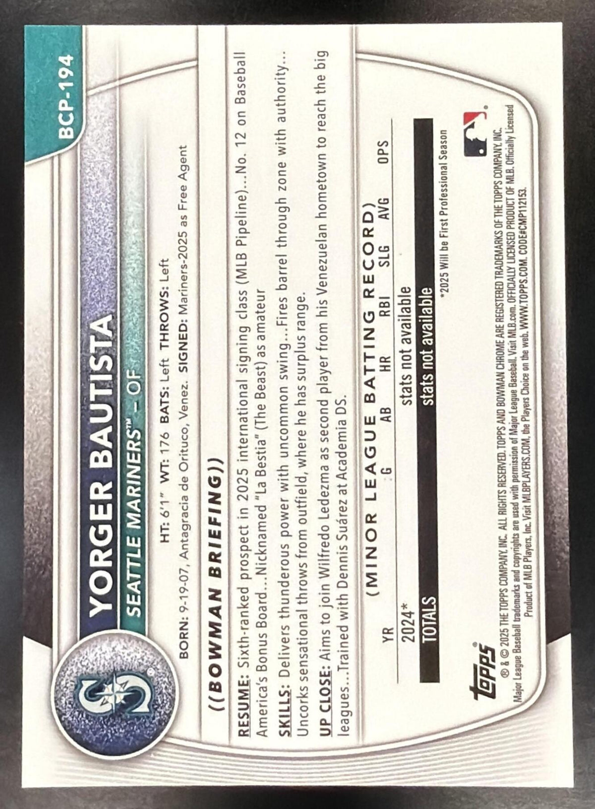 2025 Bowman Chrome Yorger Bautista #BCP-194 International Refractor Variation