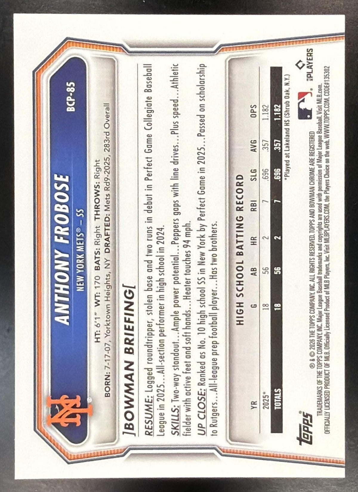 2026 Bowman Sapphire Anthony Frobose #BCP-85 Orange 23/25 1st Prospect