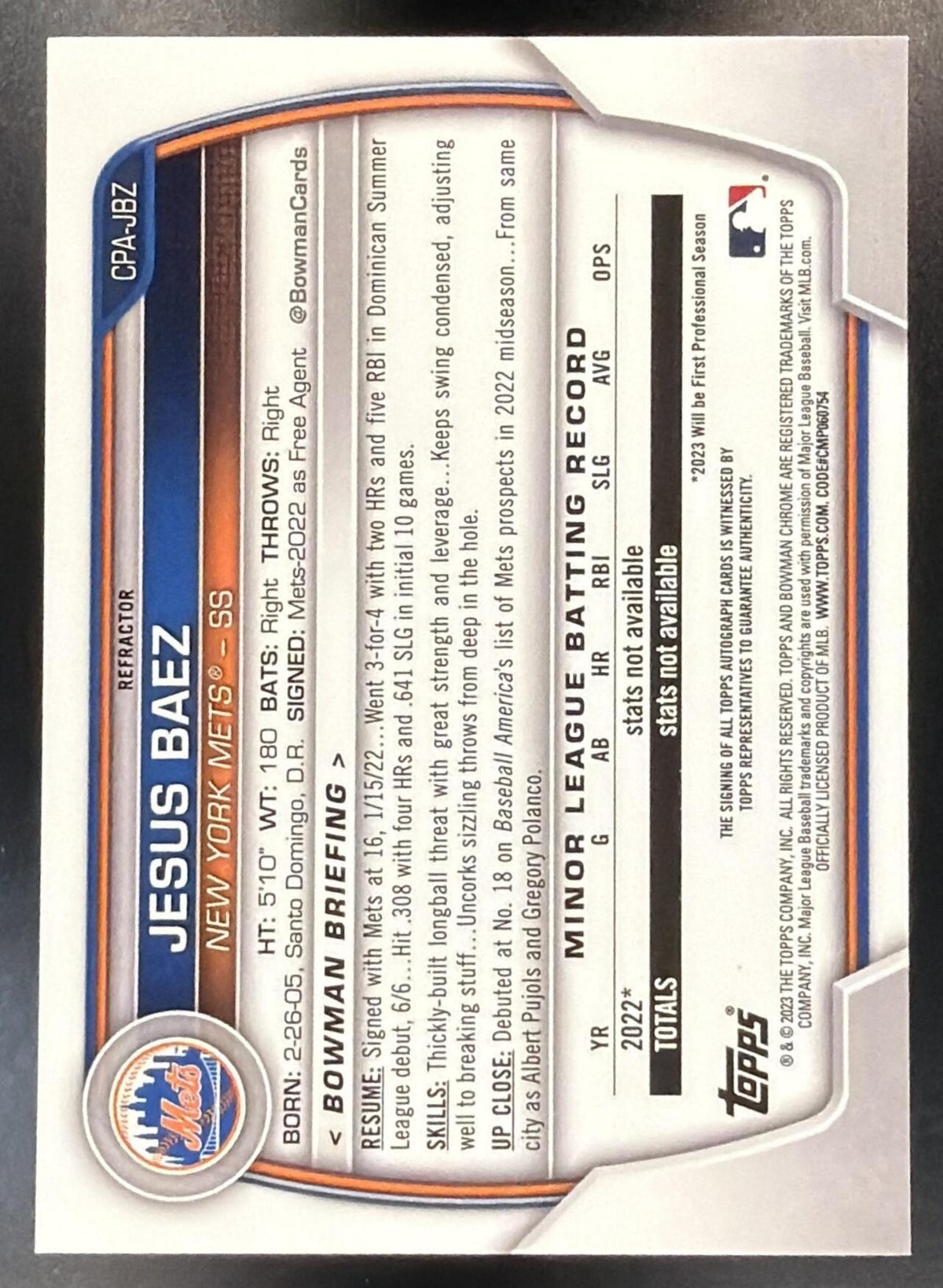 2023 Bowman Baseball Jesus Baez #CPA-JBZ Chrome Auto Refractor 007/499 1st