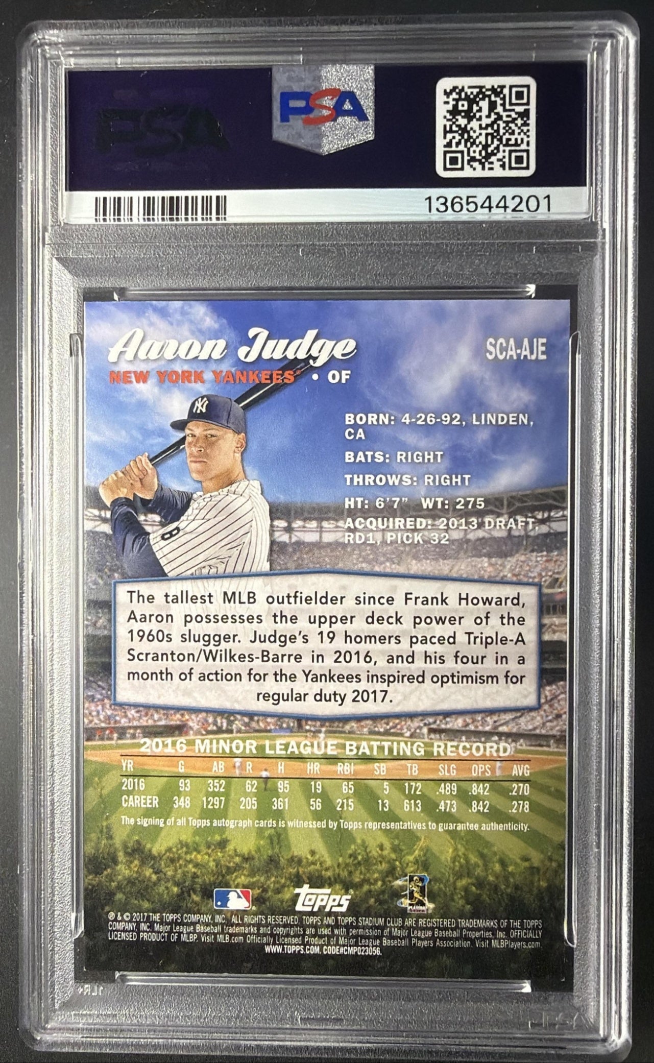 2017 Topps Stadium Club Aaron Judge #SCA-AJE Rookie Auto RC PSA 8