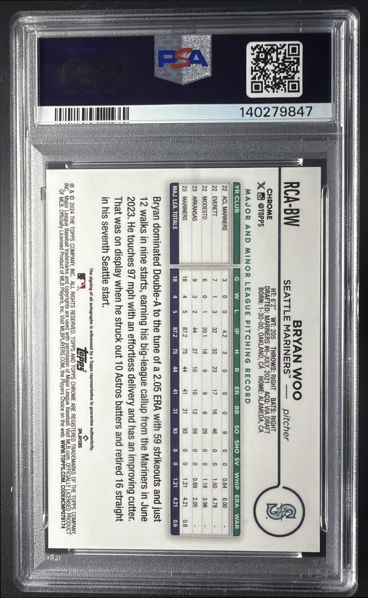2024 Topps Chrome Logofractor Bryan Woo #RCA-BW Gold Logofractor /50 Auto RC PSA 9