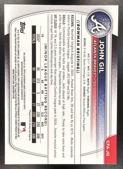 2025 Bowman Chrome John Gil #CPA-JG Auto Speckle Refractor 104/299 1st Prospect